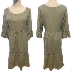 Linen SAGE GREEN LUNGO L'ARNO DOUBLE TIERED KNEE LENGTH COTTAGECORE DRESS EUC M